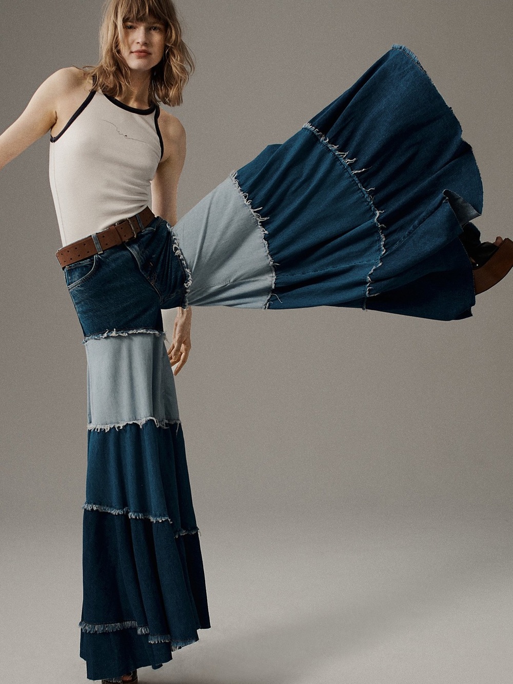 Free People We The Free Dreamscape Tiered Wide Leg Jeans Indigo Illusion NWT 31
